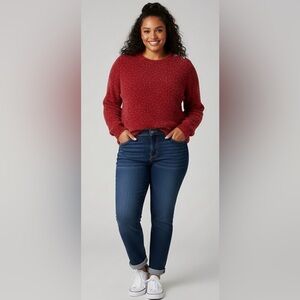 JohnPaulRichard red/silver sweater, fluffy, 2 silver buttons on each shoulder, L